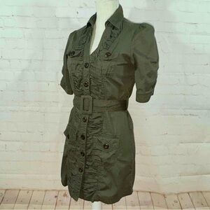 Prototype Dress Utility Ruffled Olive Green Buttoned Down Fitted Belt Tunic 4 S